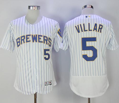Brewers #5 Jonathan Villar White Strip Flexbase Authentic Collection Stitched MLB Jersey